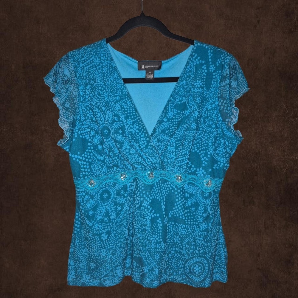 INC International Concepts Blue Geometric Floral Print Top